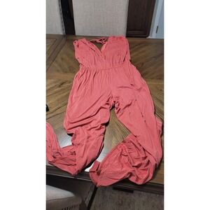 Juniper Blu Women Coral Terracotta Sleeveless Wide Leg Jumpsuit V-Neck Tie Back